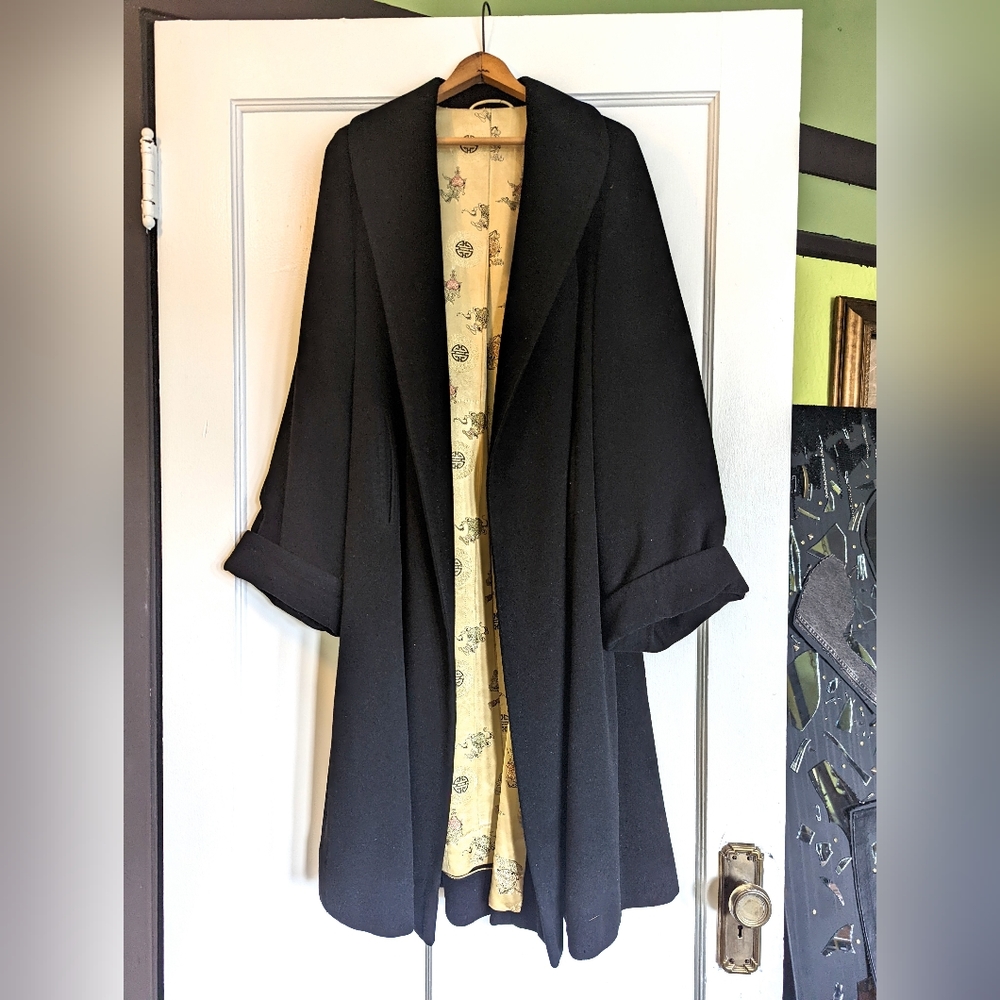 Vintage Heavy Black Wool Duster Coat